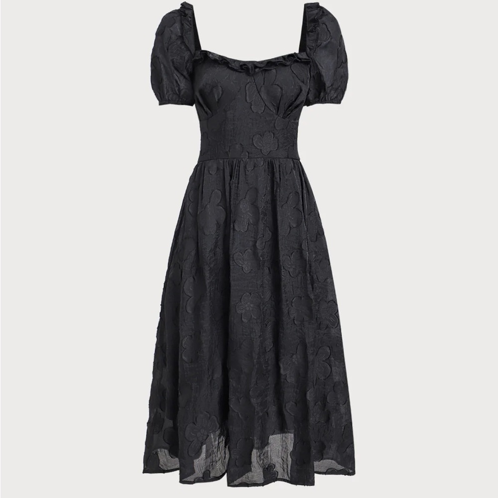 Black Square Neck Puffed Sleeve Midi Dress - Picture 6 of 8